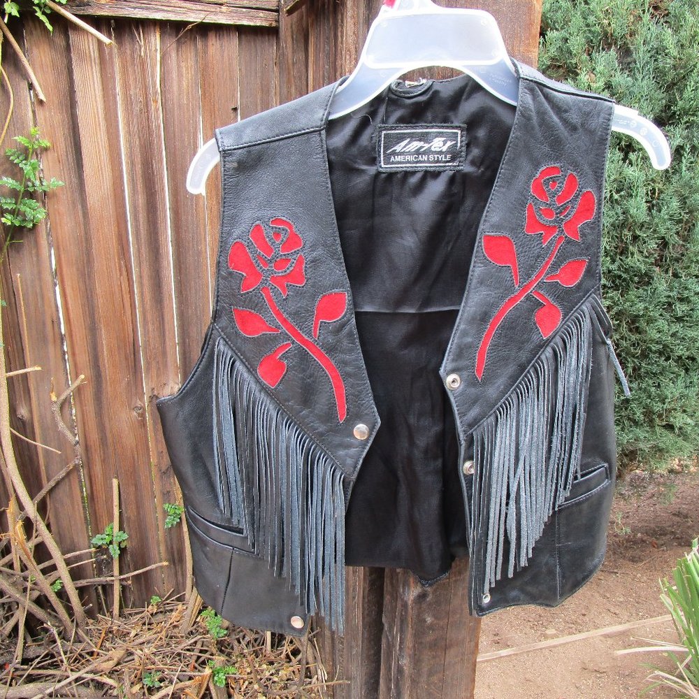 Ladies Black Leather Fringe/Rose Motorcycle Vest